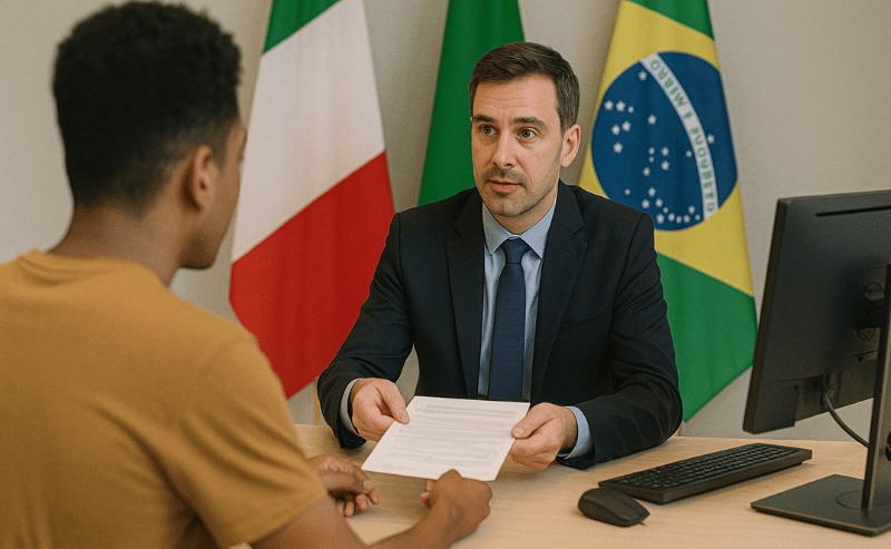 Pessoa sendo atendida em consulado italiano
