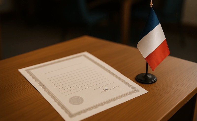 Certidão sobre uma mesa de madeira, ao lado uma pequena bandeira da França, criando um ambiente formal e institucional.