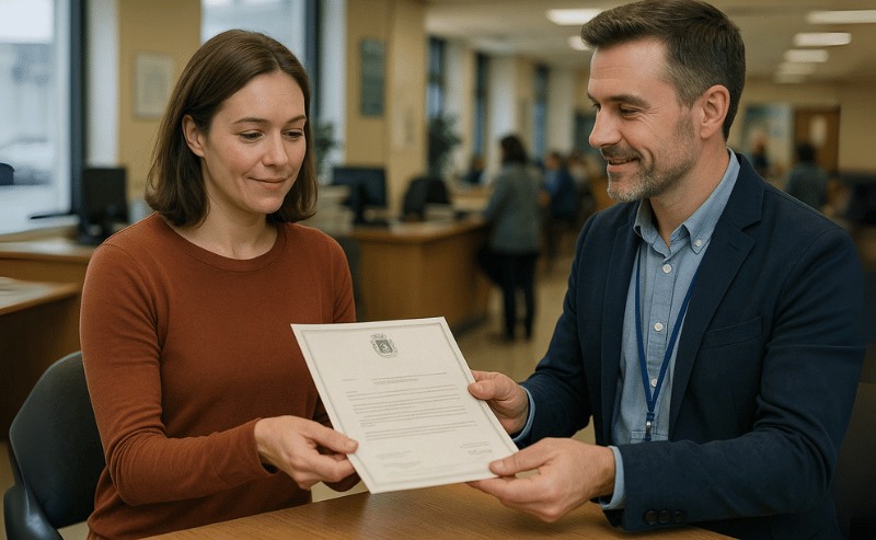 Uma mulher recebe uma certidão das mãos de um funcionário em uma prefeitura, em um ambiente iluminado e organizado