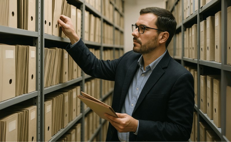 Funcionário de cartório em uma sala de arquivos, vestindo blazer e óculos, procura atentamente um documento em meio a prateleiras repletas de pastas organizadas, sob iluminação suave e ambiente institucional