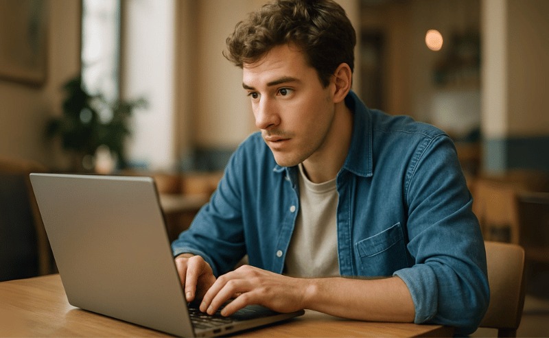 Um jovem concentrado digita em seu laptop em um ambiente acolhedor, iluminado por luz natural, transmitindo foco e imersão no que faz