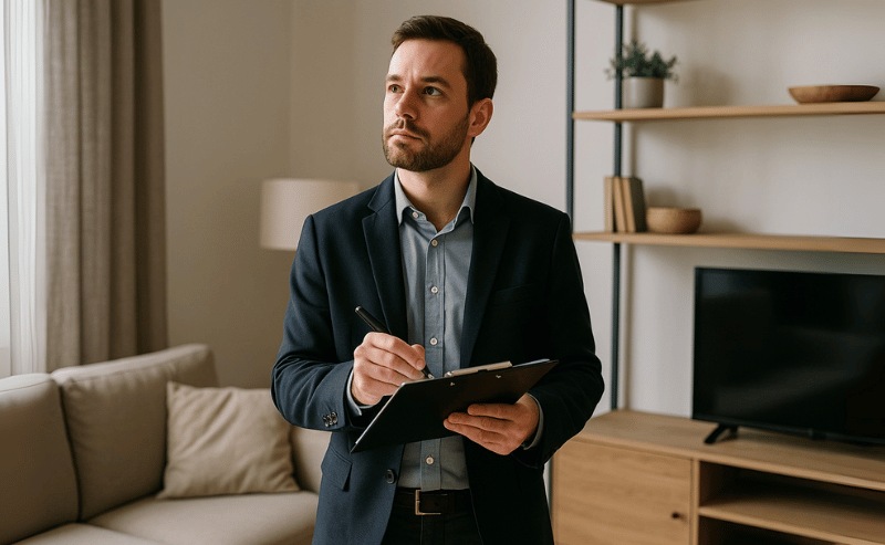 Um homem de terno escuro e expressão concentrada faz anotações em uma prancheta enquanto analisa um imóvel, em um ambiente moderno e bem iluminado