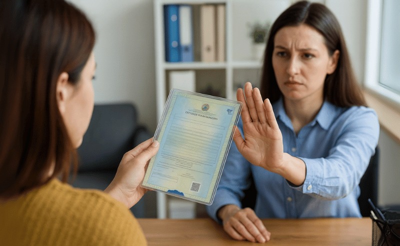 Uma mulher tenta entregar uma certidão plastificada a uma funcionária de cartório, que recusa o documento com um gesto firme da mão.