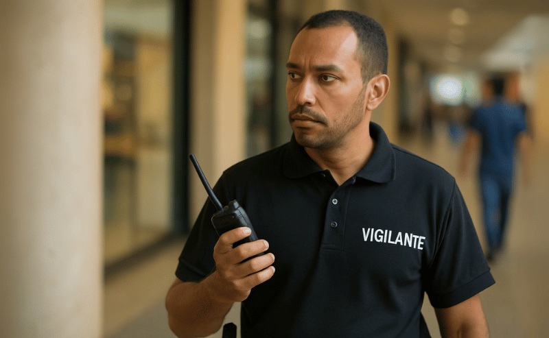 Um vigilante brasileiro em uniforme preto segura um rádio comunicador, observando atentamente o ambiente interno de um local público