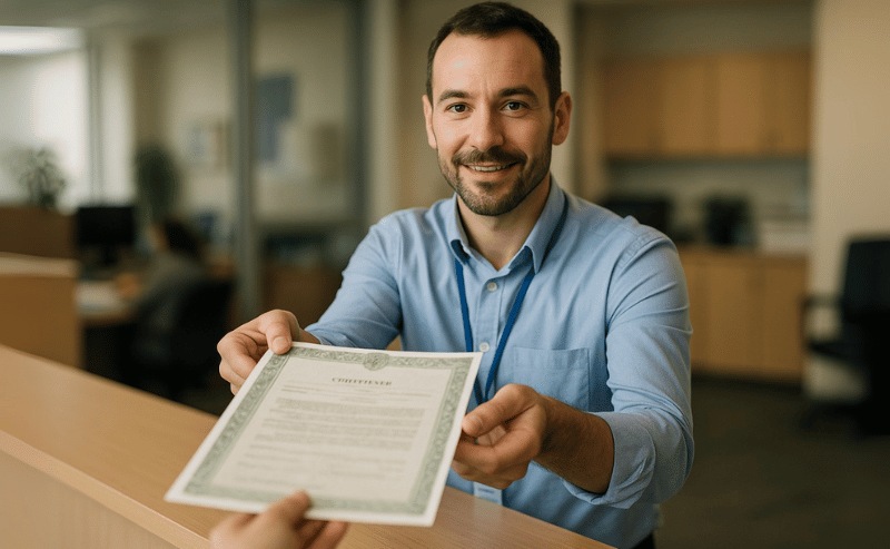 Um funcionário sorri enquanto entrega uma certidão diretamente para a pessoa que observa a cena, em um ambiente de escritório iluminado e organizado