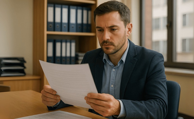 Um funcionário de cartório sentado à mesa analisa atentamente um documento em um ambiente de trabalho organizado e iluminado naturalmente