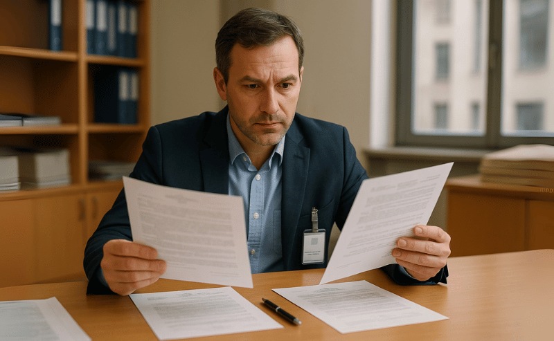 Funcionário de cartório sentado à mesa, analisando atentamente dois documentos lado a lado em ambiente institucional.