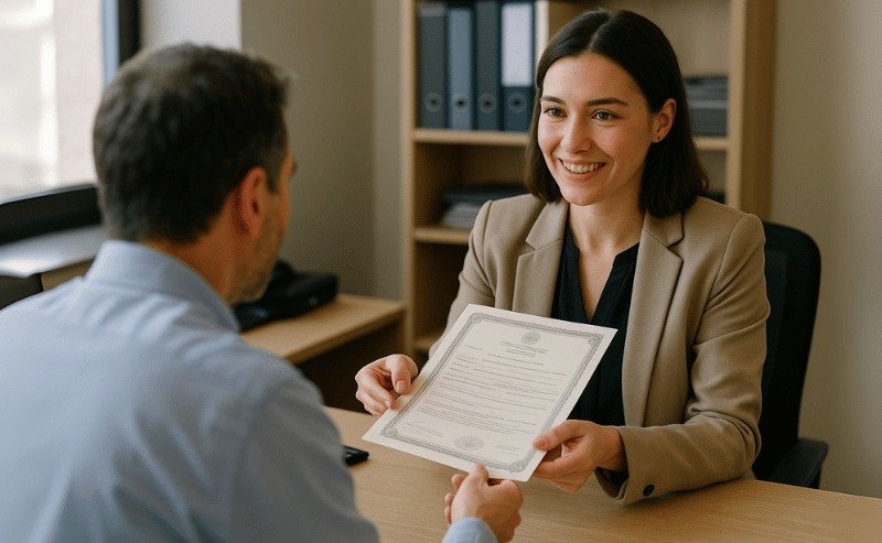 Imagem realista de uma funcionária de cartório sorridente entregando uma certidão a um cliente, em ambiente interno profissional e iluminado naturalmente