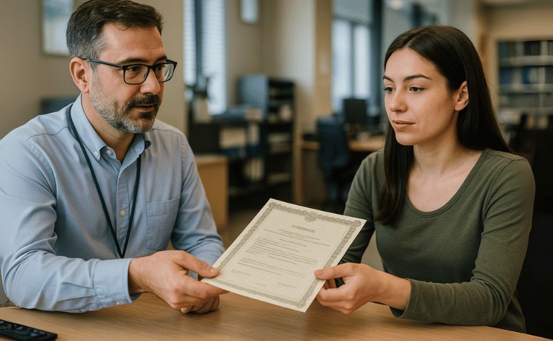 Uma pessoa recebe uma certidão das mãos de um funcionário em um ambiente institucional, com foco no momento da entrega