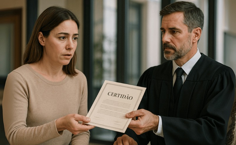 Uma cena realista mostra uma mulher recebendo uma certidão de um funcionário da justiça, em ambiente institucional iluminado de forma suave, transmitindo seriedade e formalidade