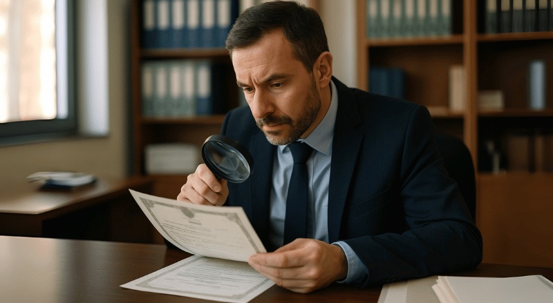 Um funcionário de cartório observa atentamente uma certidão com uma lupa, em ambiente institucional iluminado de forma suave e natural