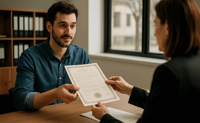 Uma cena realista em cartório de imóveis, onde um homem recebe uma certidão das mãos de uma atendente, em ambiente formal e iluminado naturalmente