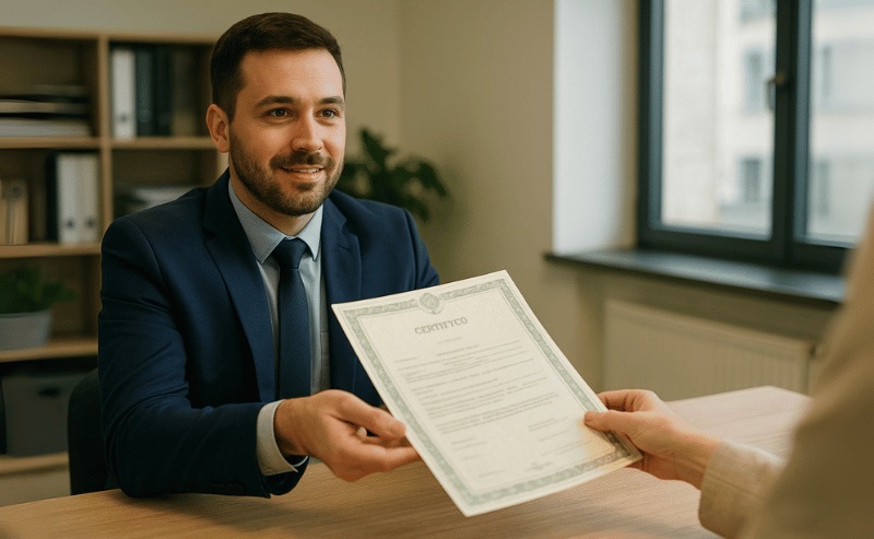 Funcionário de cartório em traje formal entregando uma certidão em um ambiente interno iluminado naturalmente