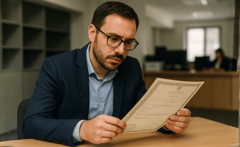 certidão Censec Um funcionário de cartório, concentrado, analisa atentamente uma certidão sobre a mesa de um escritório iluminado por luz natural suave