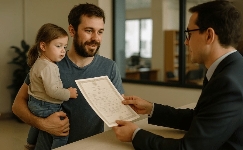 Um homem com barba segura uma criança no colo enquanto recebe uma certidão de um funcionário do cartório, em um ambiente interno iluminado de forma suave e natural.
