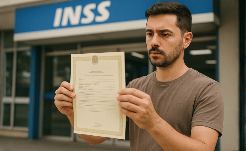 Pessoa em frente a uma agência do INSS segurando uma certidão com as duas mãos, em ambiente externo, com expressão séria e iluminação natural suave