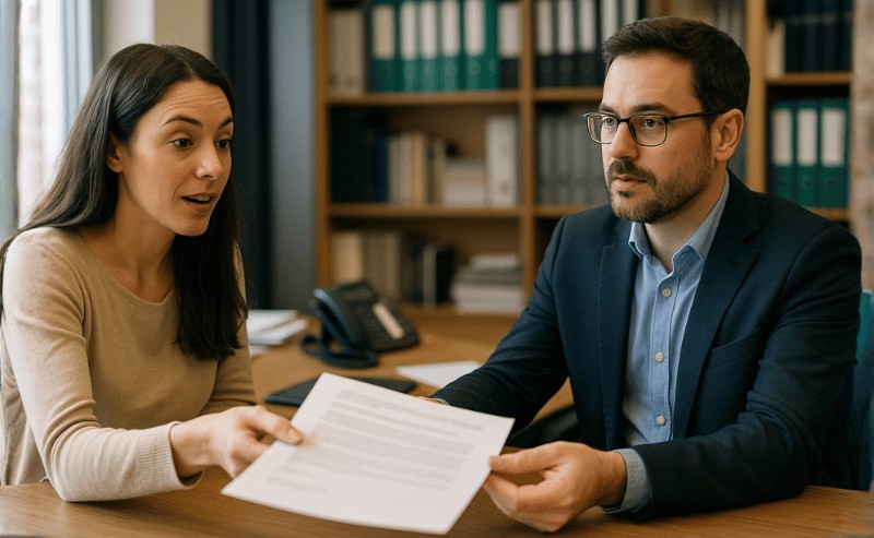 uma pessoa recebendo um documento de um funcionário de cartório em um ambiente de escritório iluminado naturalmente, com aparência realista e expressões faciais que transmitem atenção e profissionalismo