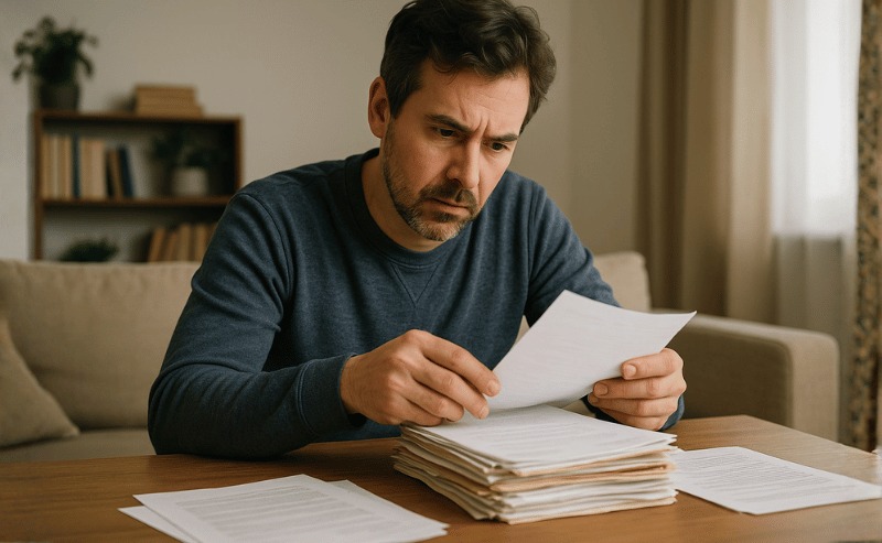 Uma pessoa analisando uma pilha de documentos em casa, com expressão concentrada, em ambiente iluminado naturalmente e de aspecto realista