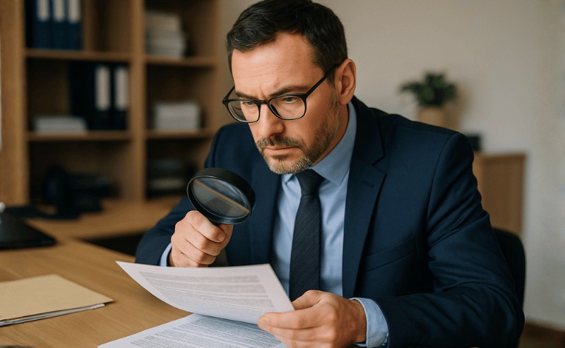 consultar bens pelo CPF Um funcionário de cartório observa atentamente um documento com uma lupa em seu escritório, vestindo terno e óculos, em ambiente iluminado naturalmente e com aparência profissional e realista