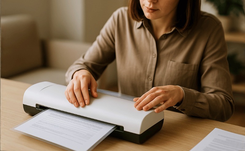 Uma pessoa concentrada utiliza uma máquina de plastificação para selar um documento, em um ambiente de escritório bem iluminado e com atmosfera natural e realista