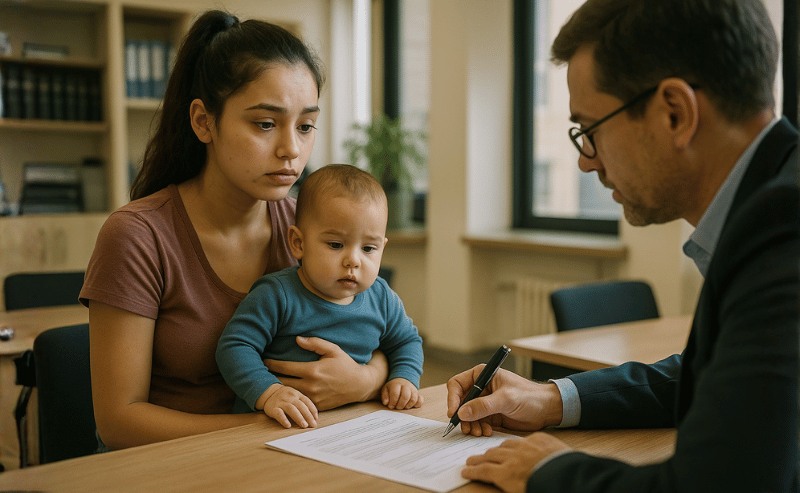 menor pode registrar filho Uma jovem mãe com o filho no colo é atendida por um funcionário em um cartório, em ambiente iluminado naturalmente, transmitindo seriedade e sensibilidade na cena