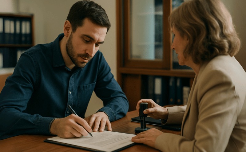 cartório mostra um homem assinando um documento enquanto uma funcionária prepara um carimbo, transmitindo seriedade e formalidade.