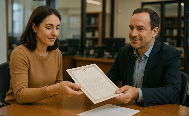 Uma pessoa no balcão de um cartório recebe uma certidão das mãos de um atendente, em um ambiente interno iluminado de forma suave, com foco nas expressões, nas mãos e no momento da entrega do documento