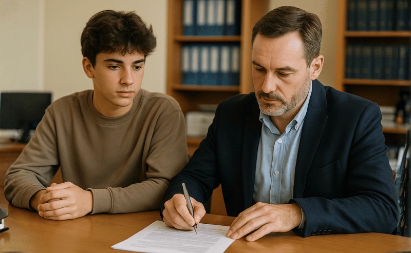 certidão de emancipação um homem assinando um documento em um cartório, com seu filho adolescente ao lado observando atentamente