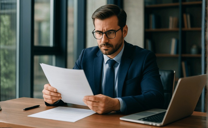 Um empresário sentado à mesa de seu escritório analisa atentamente um documento, em um ambiente corporativo moderno, com iluminação natural suave e foco no realismo das expressões e detalhes