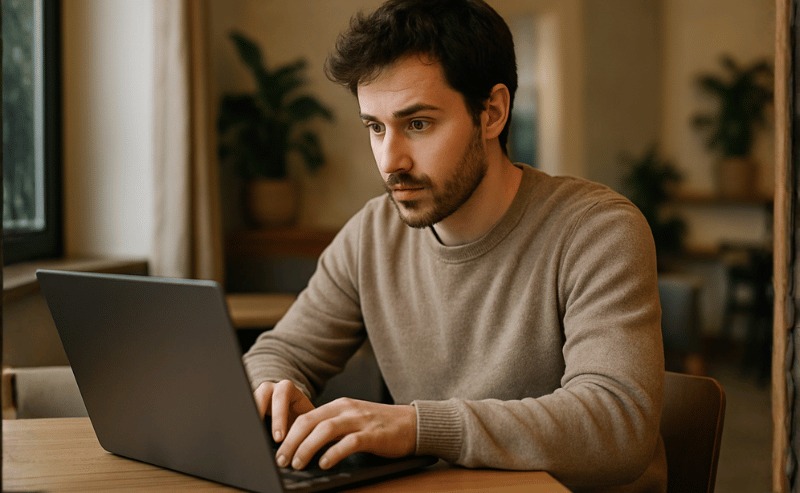 Uma pessoa concentrada mexendo em seu laptop em um ambiente interno iluminado naturalmente, com enquadramento em plano médio e ângulo levemente lateral, transmitindo realismo e foco