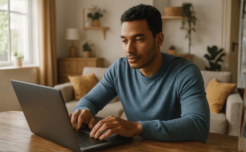 como saber se tenho bens em meu nome Uma pessoa concentrada usando seu laptop em casa, em um ambiente aconchegante com iluminação natural suave e clima tranquilo, transmitindo foco e produtividade