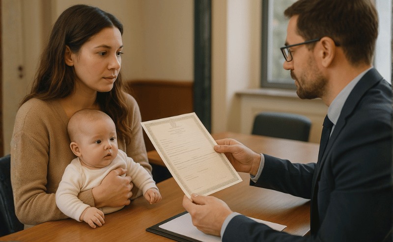 Uma mãe segura seu bebê no colo enquanto recebe uma certidão entregue por um funcionário do cartório