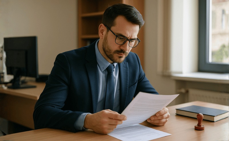 escritura de nomeação de inventariante um funcionário de cartório sentado à mesa, analisando atentamente um documento