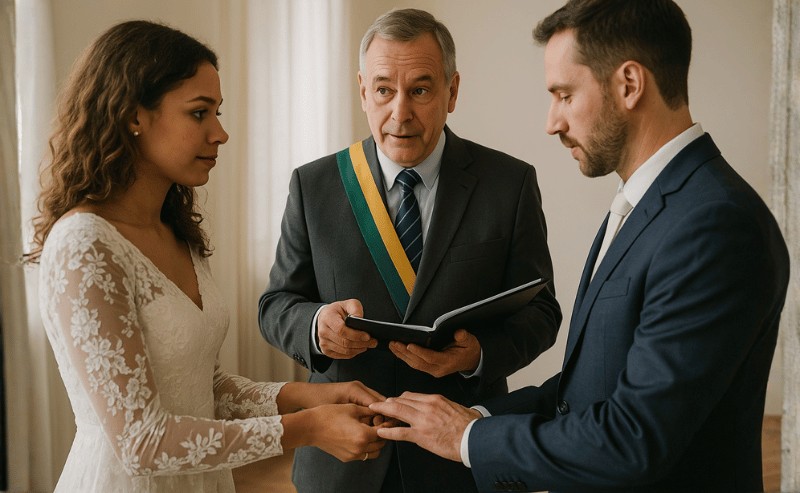 um juiz de paz realizando um casamento civil em ambiente iluminado naturalmente, com o casal trocando alianças e o juiz conduzindo a cerimônia com expressão solene