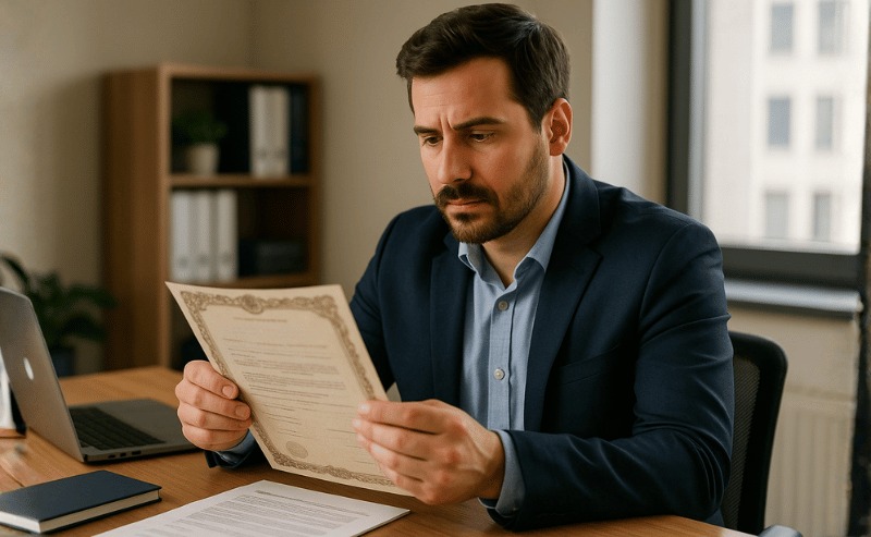 Um funcionário sentado à mesa de um escritório analisa atentamente uma certidão em suas mãos