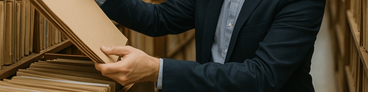 procurar certidão de nascimento pelo nome um funcionário de cartório procurando um documento entre arquivos organizados em prateleiras, em um ambiente interno iluminado de forma suave, transmitindo foco e profissionalismo