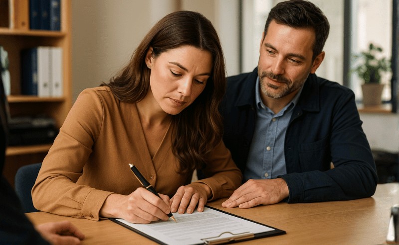 qual sobrenome do marido passa para a esposa Uma cena realista mostra uma mulher assinando um documento em um cartório enquanto seu marido a acompanha ao lado, observando com atenção