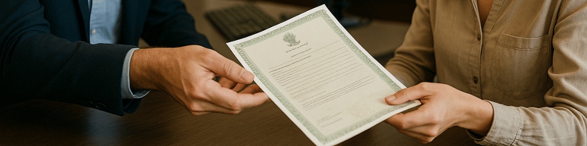 um funcionário entregando uma certidão para uma pessoa. Ambos estão em plano médio, com iluminação suave e natural, expressões neutras e ambiente institucional ao fundo, transmitindo profissionalismo e autenticidade