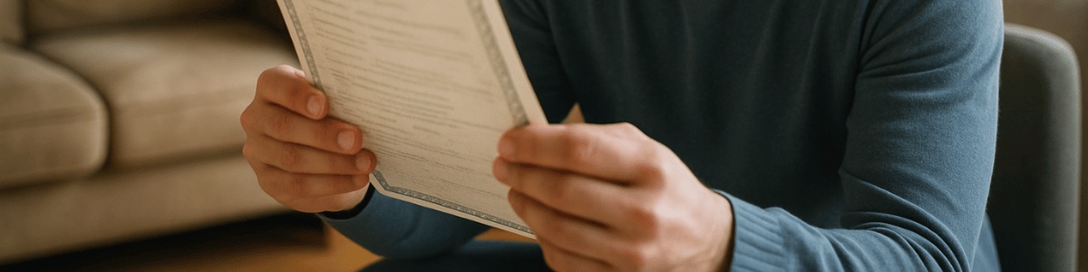 como saber se minha certidão de nascimento esta atualizada 1 Uma pessoa sentada em sua casa observa atentamente uma certidão nas mãos, com expressão concentrada