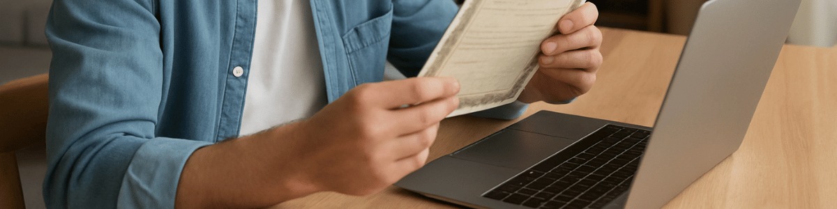 quanto custa uma certidão de nascimento de inteiro teor apostilada Pessoa sentada em casa, em frente ao laptop aberto sobre a mesa, analisando com atenção uma certidão que segura nas mãos