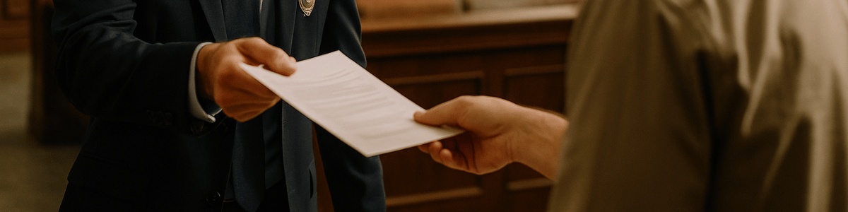 Um funcionário de um tribunal estadual, em ambiente institucional, entrega um documento a uma pessoa à sua frente