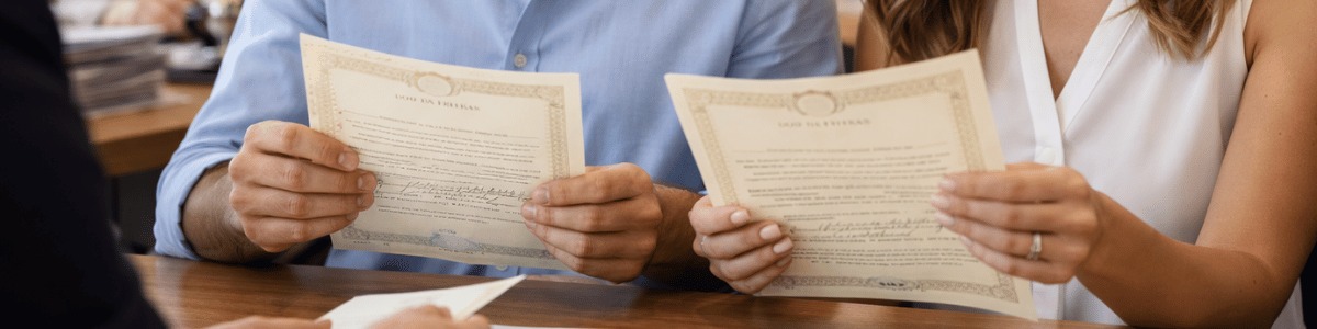 Casal sentado em um cartório, cada um segurando sua certidão recém-recebida, com expressões de satisfação e atenção, em ambiente institucional bem iluminado, transmitindo segurança, formalidade e confiança no atendimento