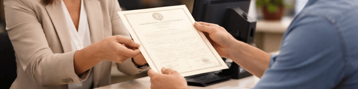 Pessoa recebe uma certidão das mãos de uma funcionária de cartório em um balcão de atendimento, em ambiente interno institucional, com iluminação suave e expressão de satisfação, transmitindo a conclusão de um processo documental