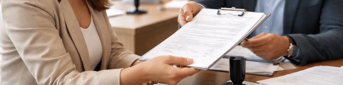 Pessoa recebe um documento das mãos de um atendente em um cartório, em ambiente interno bem iluminado, com clima institucional e expressão de atenção e satisfação, transmitindo a conclusão de um processo oficial