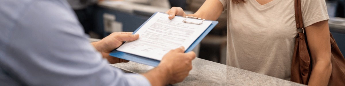 Pessoa sendo atendida em um ambiente institucional da Receita Federal, recebendo um documento oficial das mãos de um atendente