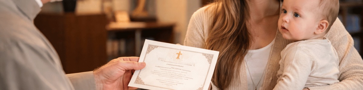 certidão de batismo atualizada Pessoa segurando um bebê de colo recebe uma certidão de batismo em uma paróquia, entregue por um religioso atrás de um balcão