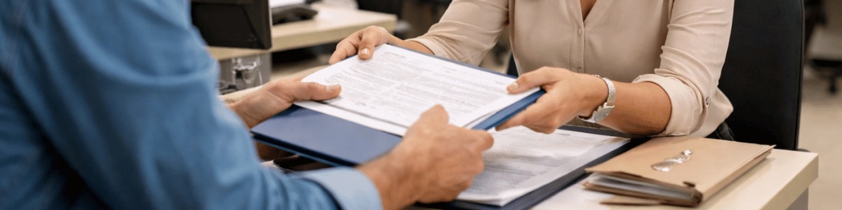 Imagem realista de atendimento institucional em uma prefeitura: uma pessoa entrega uma pasta com documentos a um atendente do setor imobiliário, em um ambiente administrativo bem iluminado