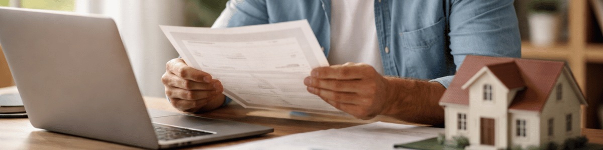 como tirar certidão de ônus reais pela internet ambiente interno, mostrando uma pessoa sentada à mesa analisando atentamente uma certidão impressa, com o notebook aberto à sua frente