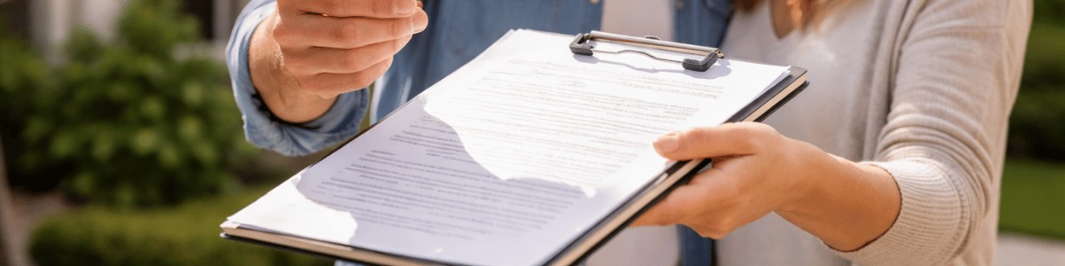 Casal sentado em um cartório, assinando documentos sobre a mesa, com expressões serenas e concentradas