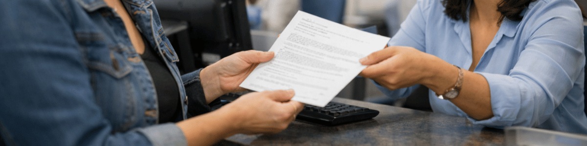 Imagem realista de uma pessoa sendo atendida em um balcão da Previdência Social enquanto recebe um documento. Ao fundo, há um ambiente institucional com elementos visuais discretos que remetem ao órgão. A cena possui iluminação suave, enquadramento em plano médio e ângulo levemente lateral, destacando a interação e o contexto formal.